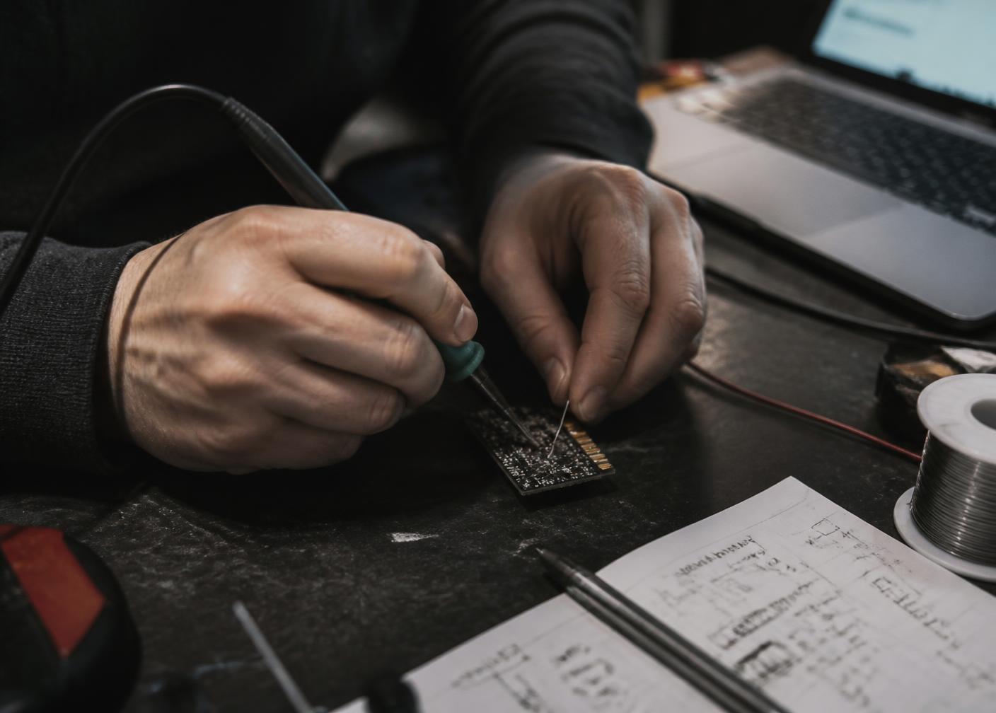 Hands soldering a circuit board next to a notebook of sketches