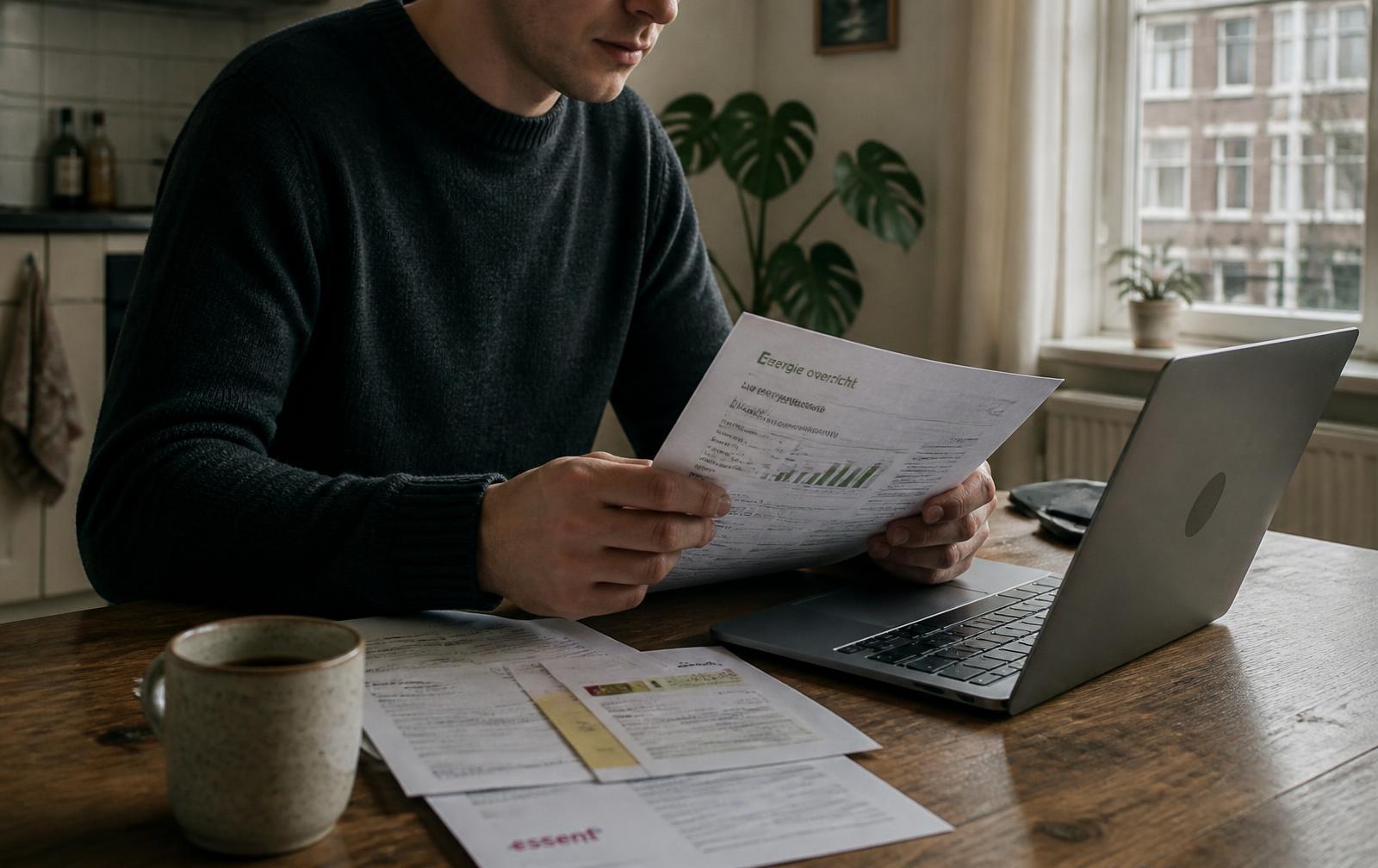 Someone reviewing paperwork next to a laptop at a kitchen table