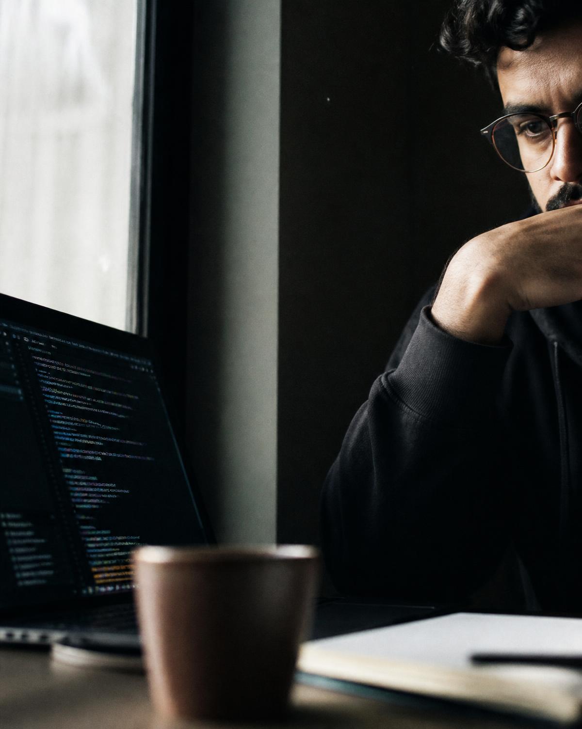 An engineer concentrating on code, half of the frame in shadow