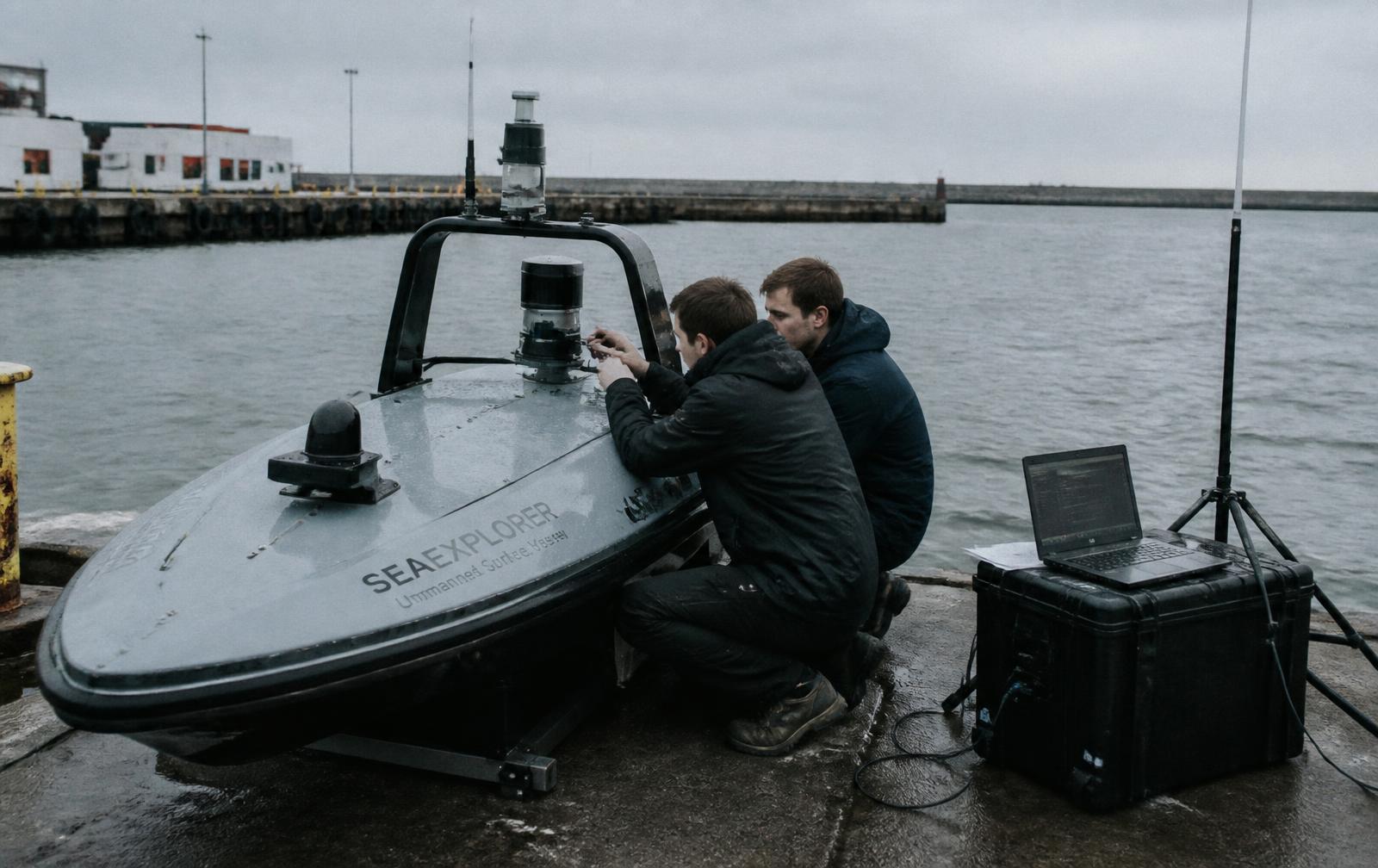 Two engineers adjusting a sensor on an unmanned surface vessel at a dock